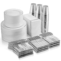 700 Piece Plastic Silver Dinnerware Set - 200 Rim Plates - 300 Silverware - 100 Cups - 100 Linen Like Silver Napkins, 100 Guest Disposable Dinnerware Set