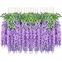 Pauwer Wisteria Hanging Flowers 24 Pack Fake Flower Garland Artificial Wisteria Vines Rattan Silk Flower String Wedding Party Wall Decorations,Purple
