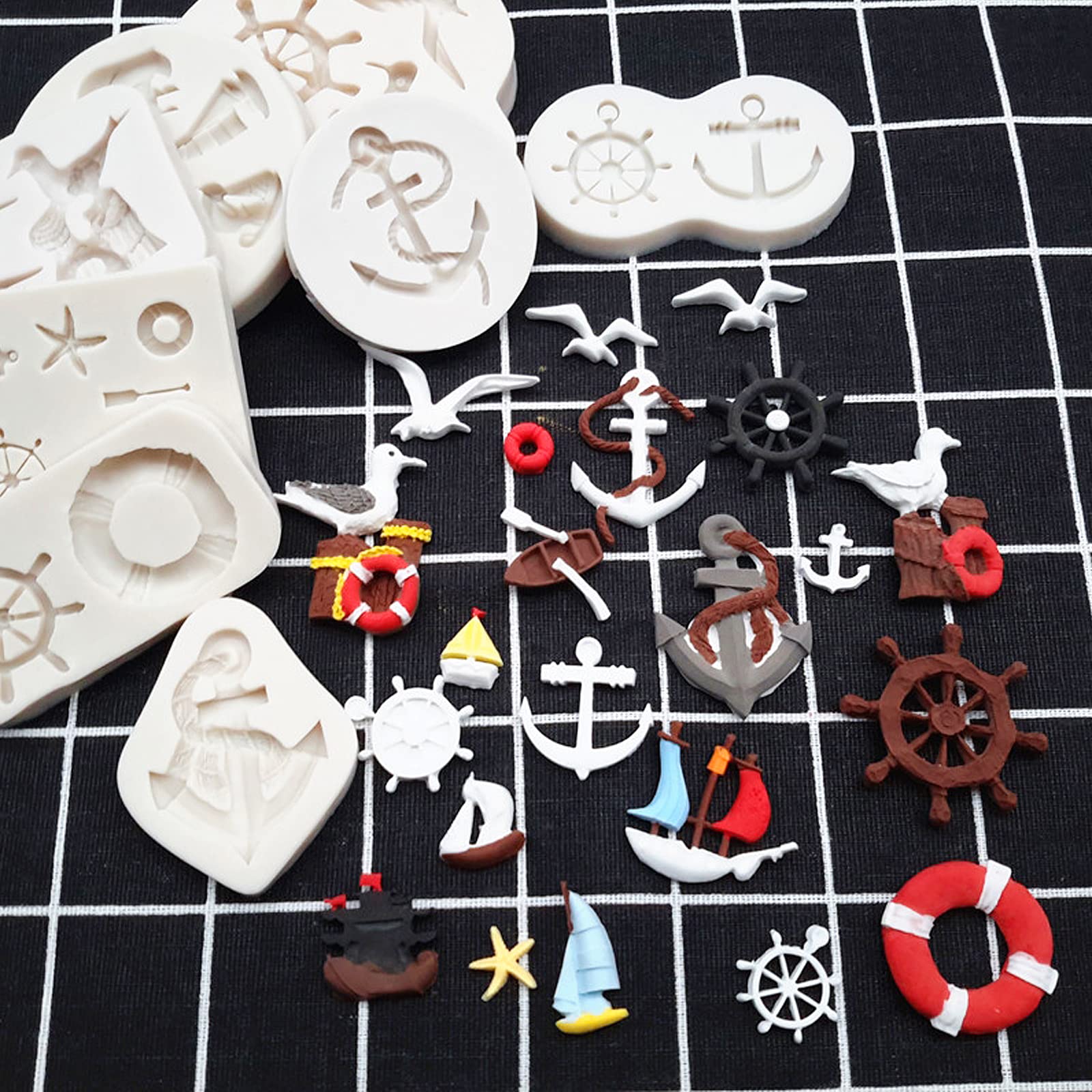 Anchor and Rudder Fondant Moulds (5 Pcs), Seagull Sailing Boat Hook Cake Decoration Silicone Mold, Used for Cupcake Decoration, Sugar Craft Glue, Chocolate, DIY Polymer Clay Molds for Children