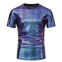 Men's Colorful Shiny Tee Retro Metallic Sequins Short Sleeve Shirts Crewneck Hipster Nightclub Disco Halloween Cosplay Tops