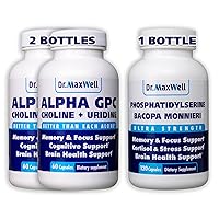 Alpha GPC & Uridine 2X 60 Capsules + Phosphatidylserine & Bacopa 1x 120 Capsules, 2 Months Supply, Better Than Each Ingredient Alone, Memory & Brain Support