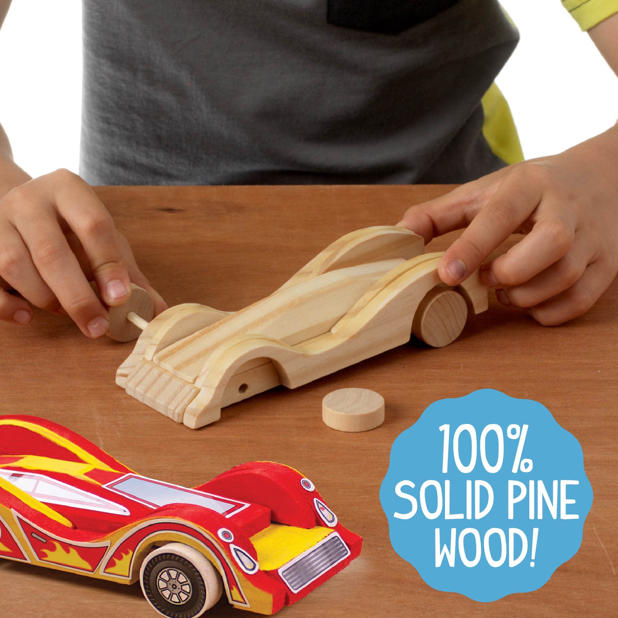 Made By Me Build & Paint Your Own Wooden Cars - DIY Wood Craft Kit, Easy To Assemble and 3 Race – Arts Crafts Kit for Kids Ages 6 And Up, Multicolor
