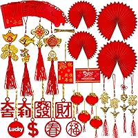 80 Pcs Chinese New Year Decorations Chinese Hanging Good Luck Ornaments Red Lanterns Festive Tree Ornaments Paper Fans for Asian Chinese Lunar New Year 2024 Year of The Dragon Party Decor