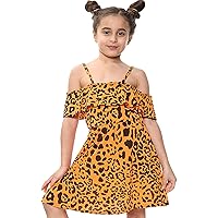 Kids Girls Skater Dress Leopard Print Summer Party Off Shoulder Dress 5-13 Years