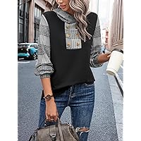 Sweatshirts for Women - Houndstooth Print Button Detail Hoodie (Color : Black, Size : Medium)