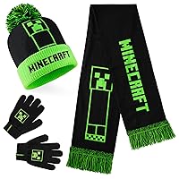 Minecraft Cold Weather Set - Creeper Beanie Hat Scarf and Gloves Set Kids Winter Set - Gaming Gifts for Boys