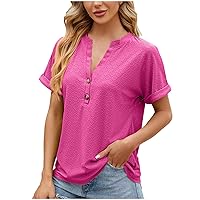 2024 Eyelet T Shirts for Women Summer Button V Neck Casual Tee Tops Casual Loose Fit Dressy Pullover Solid Blouses