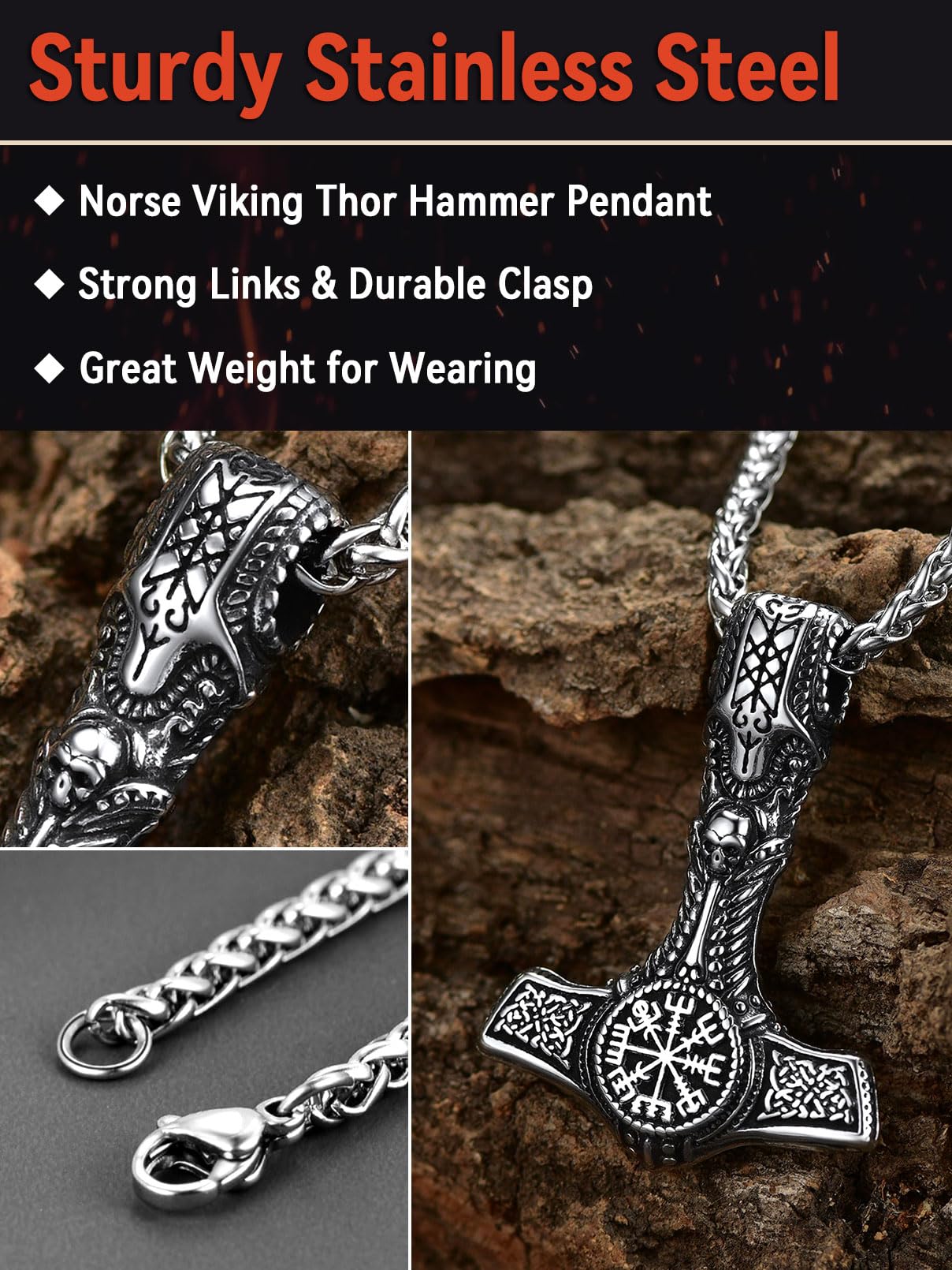 FaithHeart Viking Thor's Hammer Talisman Necklace for Men, Vintage Norse Mjolnir Amulet Pendant with Sturdy Wheat Chain, Stainless Steel Jewelry (Gift Box)