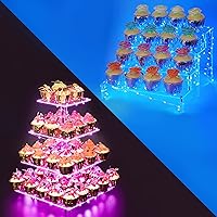4 Tier Acrylic Display Cupcake Stand for Pastry + LED Light String – Ideal for Weddings, Birthday (Pink Light)+4 Tier Shelf Cupcake Stand (Blue Light)