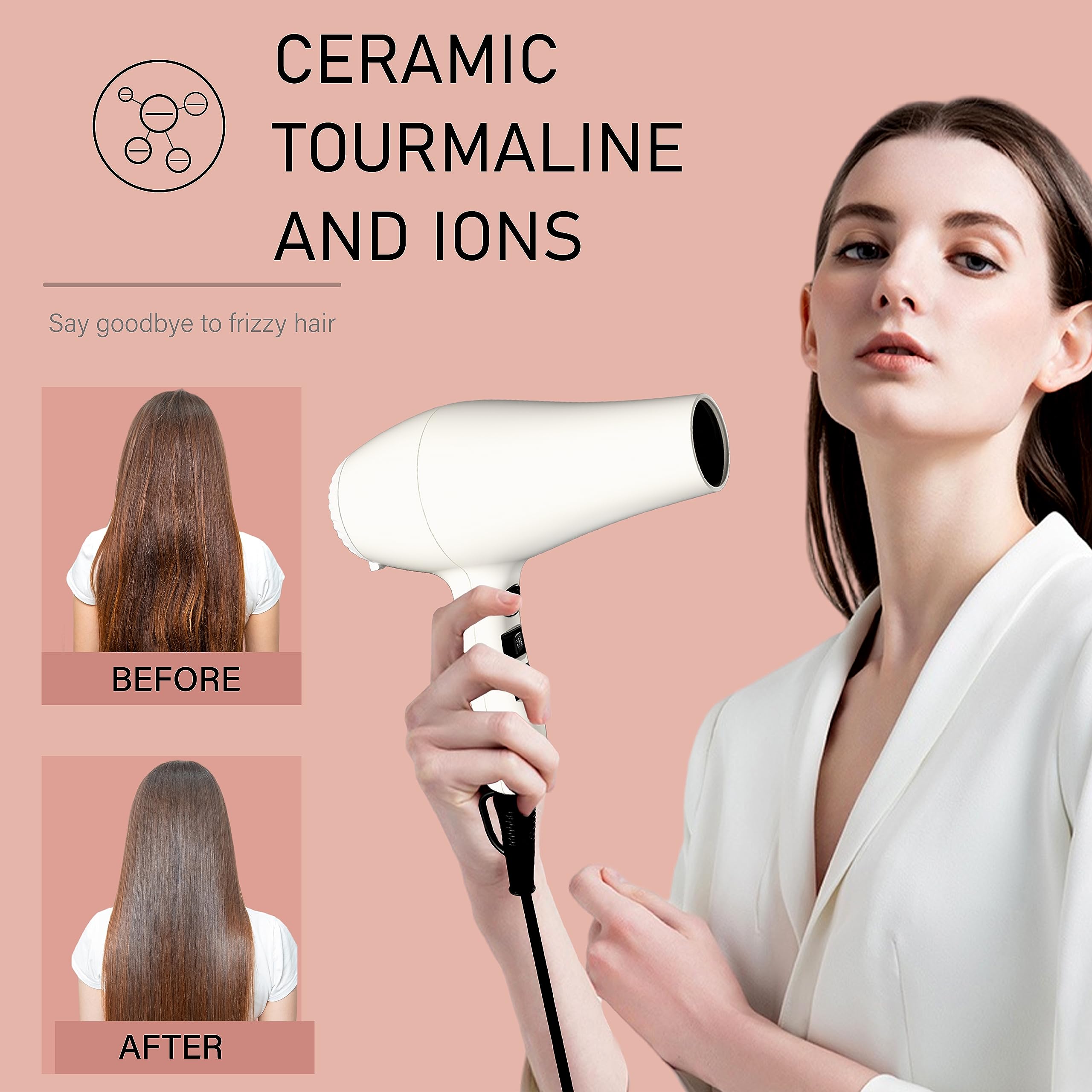 VAV Professional Hair Dryer Negative Ionic Hair Blow Dryer, 1875W Powerful Hair Dryers Light Weight DC Motor With Diffuser and Concentrator White