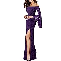 VFSHOW Womens Off Shoulder Bell Sleeve Formal Evening Wedding Party Maxi Dress