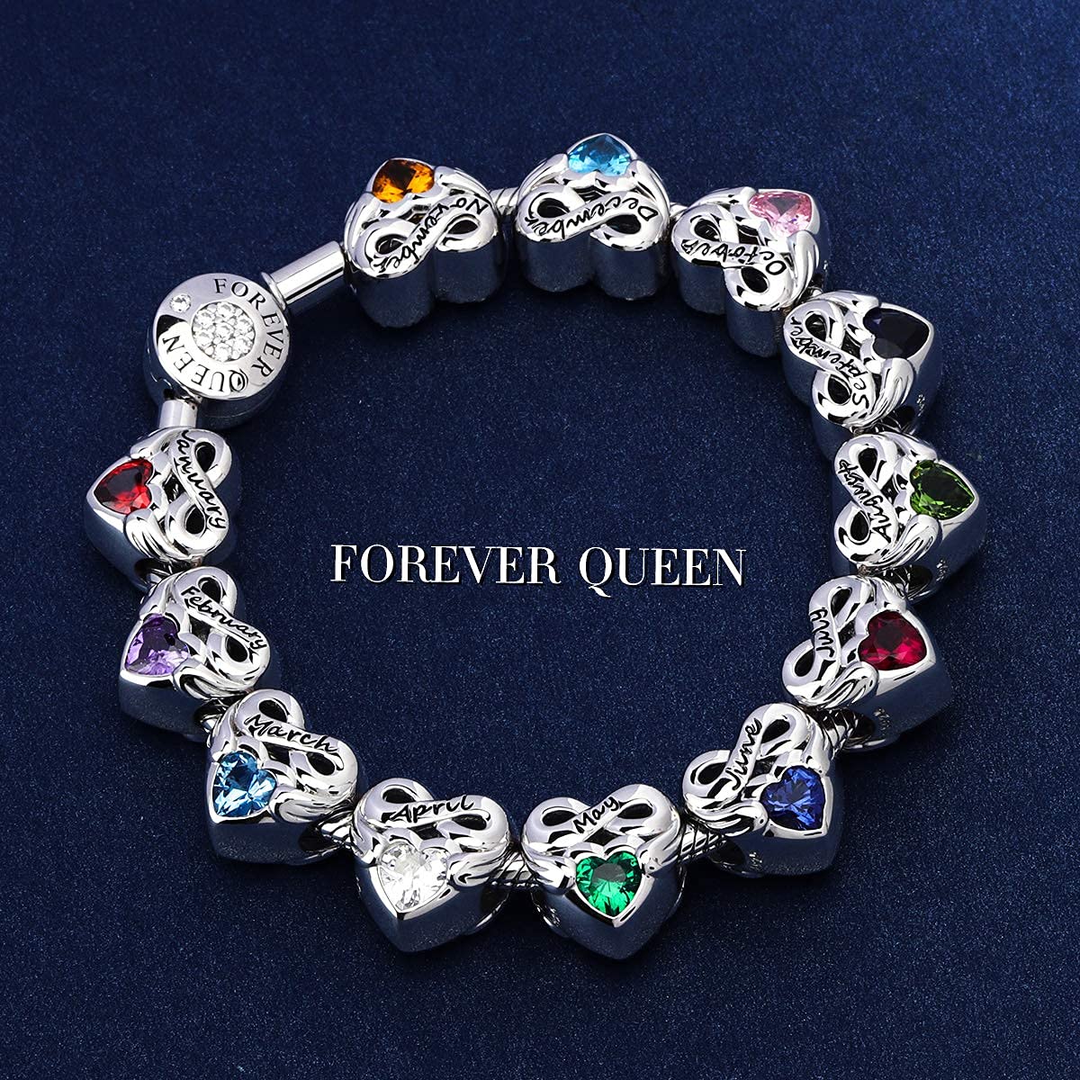 FOREVER QUEEN Birthstone Charms for Charms Bracelet- 925 Sterling Silver Love Heart Beads Infinite Love Charms, Happy Birthday Charms for Bracelet and Necklace