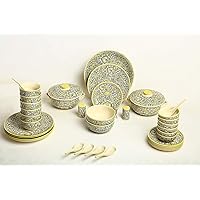 Handmade Stoneware Ceramic Dinner Set (Yellow Black) - Set of 37 Pieces