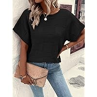 Women's Shirts Women's Tops Shirts for Women Batwing Sleeve Pointelle Knit Top (Color : Black, Size : Small)