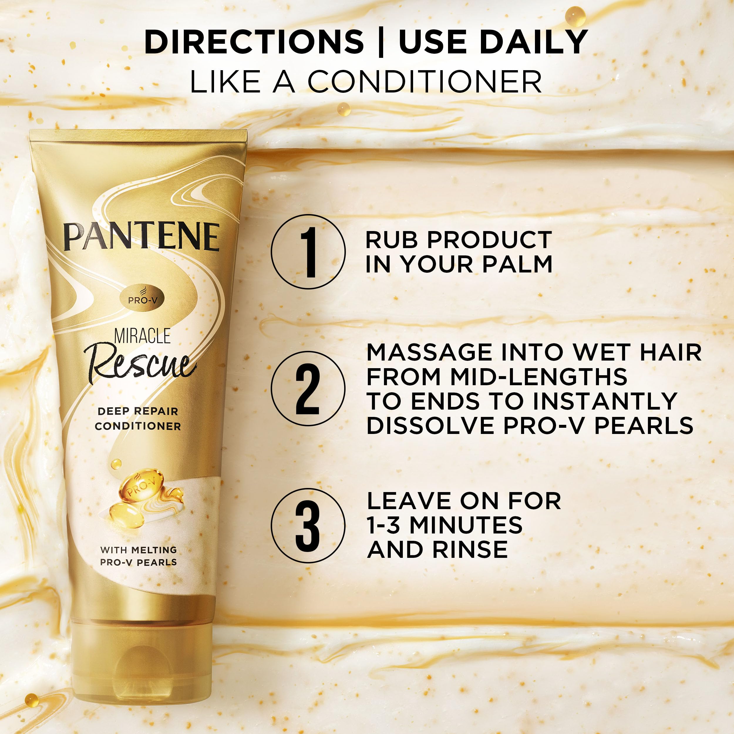 Pantene Miracle Rescue Deep Conditioner for Dry Damaged Hair with Melting Pro-V Pearls, Hair Treatment Transforms, Softens, and Repairs Hair, For All Hair Types, Safe for Color Treated Hair, 8.0 oz