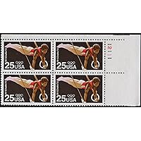 1988 SUMMER OLYMPICS ~ SEOUL SOUTH KOREA ~ GYMNASTIC RINGS #2380 Plate Block of 4 x 25¢ US Postage Stamps