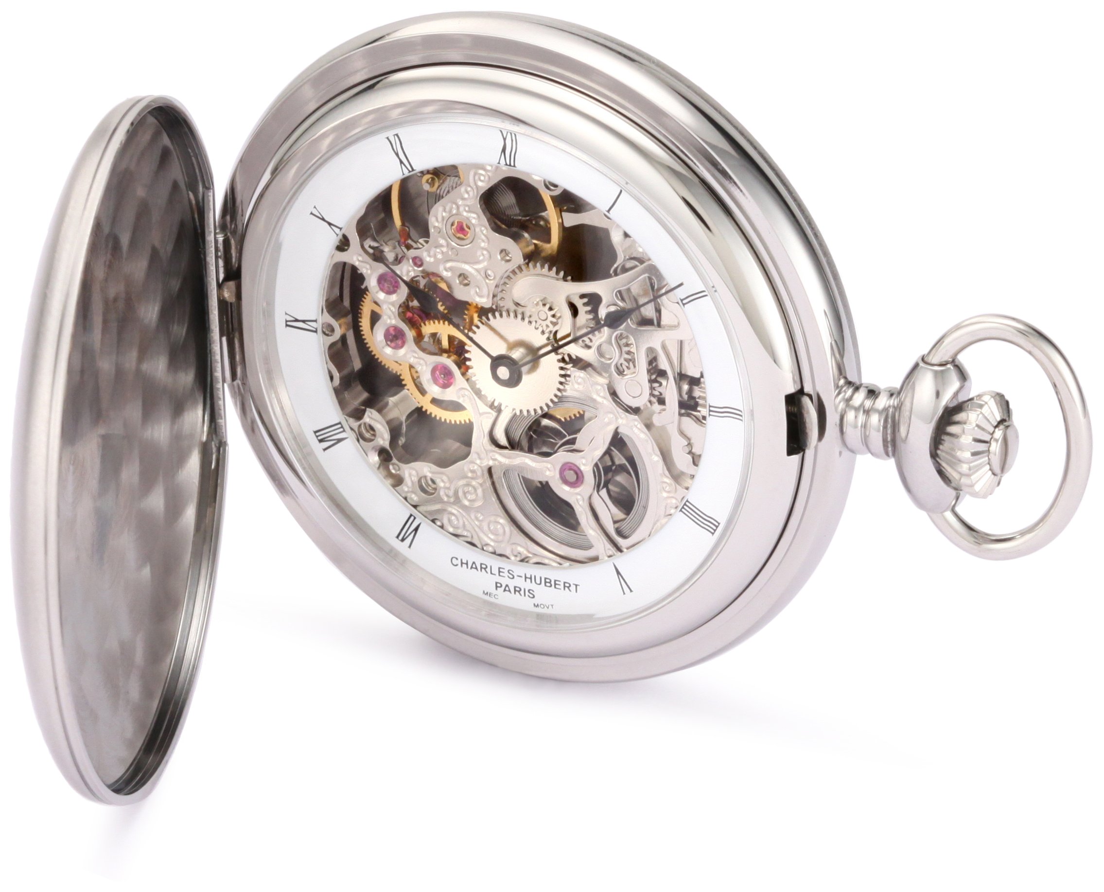 Charles-Hubert, Paris 3906-W Premium Collection Stainless Steel Satin Finish Hunter Case Mechanical Pocket Watch