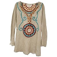 Nadia Suzani Embroidered Linen Tunic Top Shirt Natural Rust Turquoise M/L