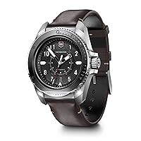 Victorinox Journey 1884 Watch with Black Dial and Brown Leather Strap Set with Pouch, Black, 43 mm