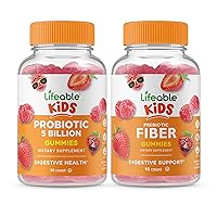 Lifeable Probiotics 5 Billion Kids + Prebiotic Fiber Kids, Gummies Bundle - Great Tasting, Vitamin Supplement, Gluten Free, GMO Free, Chewable Gummy