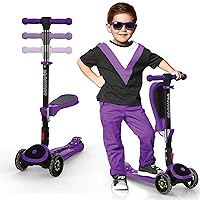 Kick Scooters for Kids Ages 3-5 (Suitable for 2-12 Year Old) Adjustable Height Foldable Scooter Removable Seat, 3 LED Light Wheels, Rear Brake, Wide Standing Board, Outdoor Activities for Boys/Girls