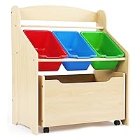 3-in-1 Toddler-Size Storage Organizer with Rolling Toy Box, Plastic Bins, Finish/Primary, Natural Finish & Primary