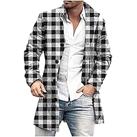 Men's Trench Coat Plaid Wool Blend Stand Collar Single Breasted Mid Long Peacoat Winter Overcoat Warm Casual Jacket