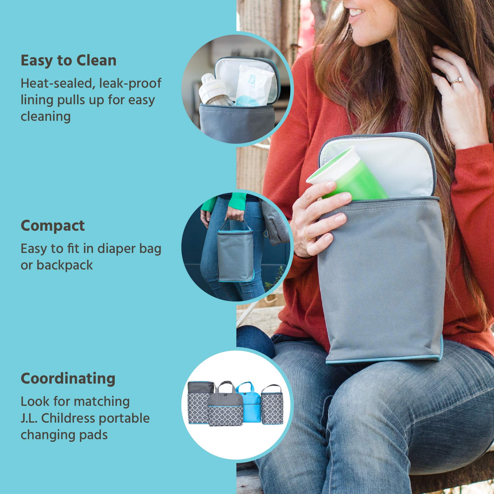 J.L. Childress Tall Twocool, Breastmilk Cooler, Baby Bottle & Baby Food Bag, Insulated & Leak Proof, Ice Pack Included, Fits 2-4 Bottles, Grey/Teal Clover (0407GY-CL)