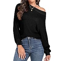 Fall Sweaters for Women Trendy Off Shoulder Knit Tops Batwing Sleeve Striped Knitwear S-XXL