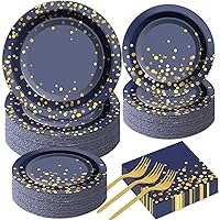 gisgfim 50 Guests Blue and Gold Party Supplies Tableware Set Gold Dot on Blue Paper Plates Napkins Disposable Paper Plates Graduation Table Decors for Men Women Happy Birthday Party Decorations 200PCS
