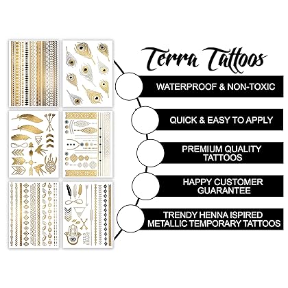 Terra Tattoos Metallic Gold Henna Temporary Tats 75+ Mandala Tattoos Feathers, Dream Catcher, Arrows Waterproof Nontoxic Long Lasting for Beach, Festivals, & Parties