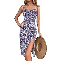 AIMCOO Womens Tie Shoulder Ditsy Floral Midi Dress Square Neck Sleeveless Side Slit Dresses Spring Summer Casual Sundress