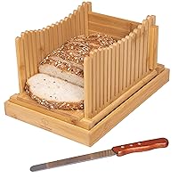 Bamboo Bread Slicer with Premium Stainless Steel Bread Knife - Foldable Bread Cutter with Crumbs Catcher - Lightweight And Easy To Store Manual Bread Slicer - Easy To Use On All Bread Types