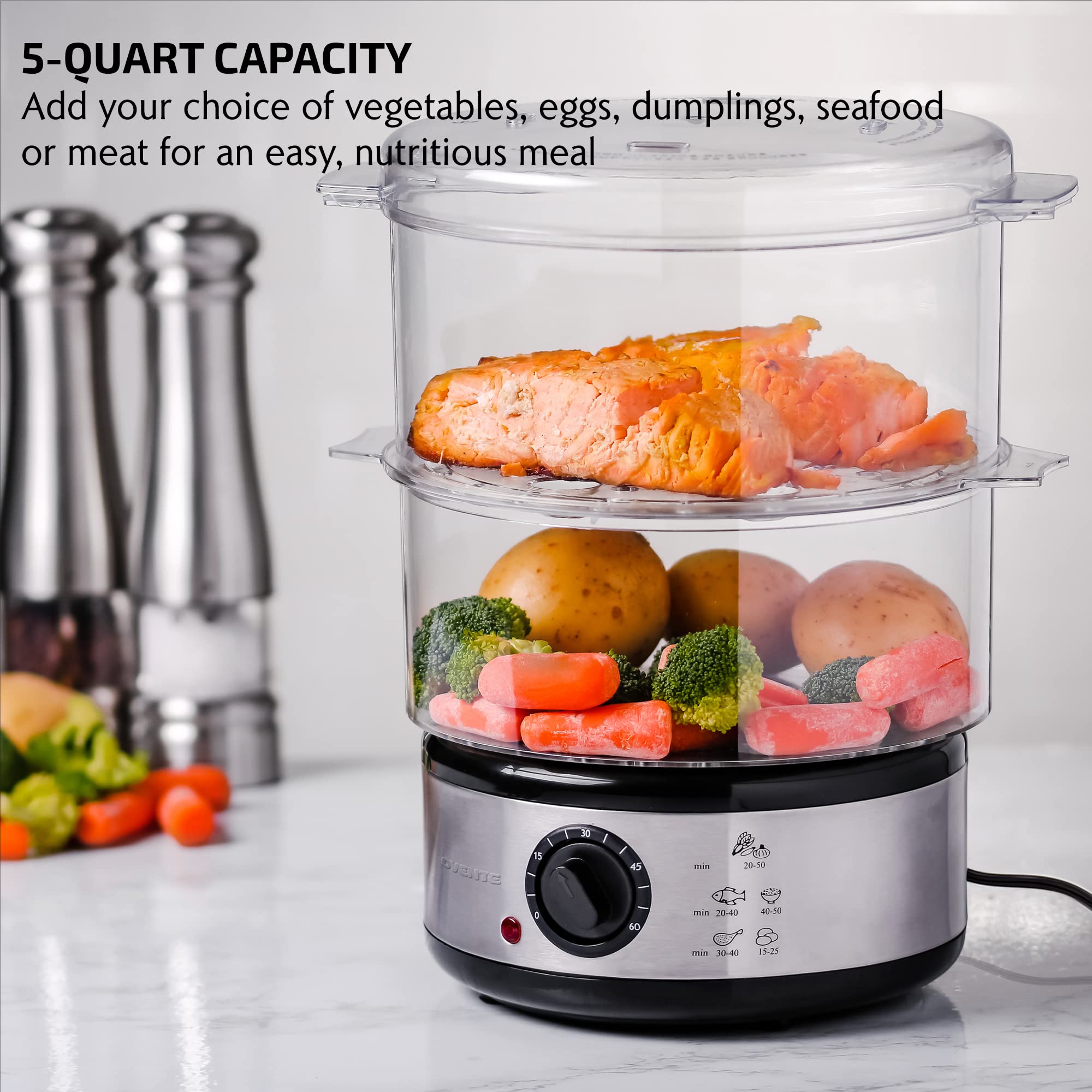 OVENTE 2 Tier Electric Food Steamer for Cooking Vegetables, Stainless Steel Base, BPA-Free Stackable Baskets & Dishwasher Safe, 400W with Auto Shutoff & 60-Minute Timer, 5 Quart Capacity, Silver FS62S