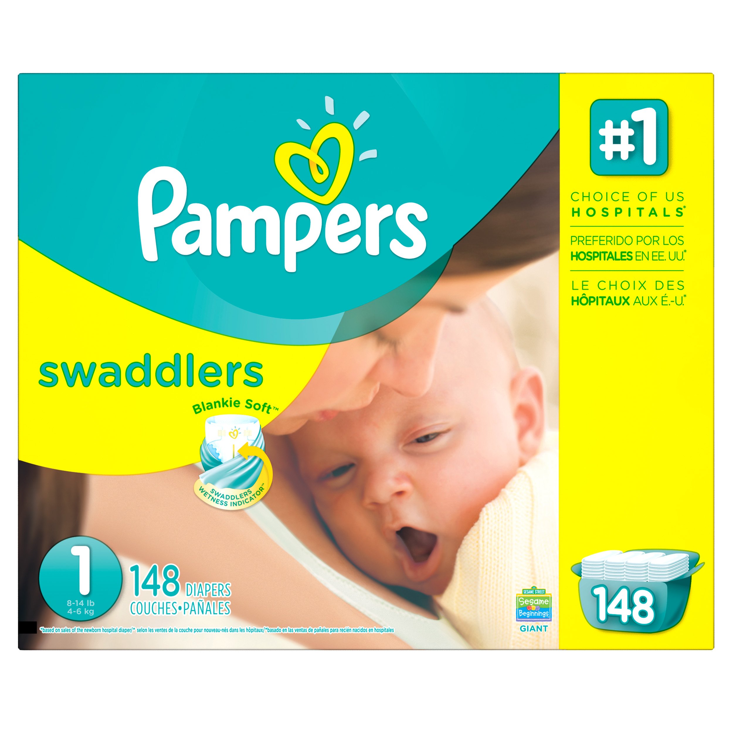 Pampers Swaddlers Disposable Diapers Newborn Size 1 (8-14 lb), 148 Count, GIANT (Packaging May Vary)