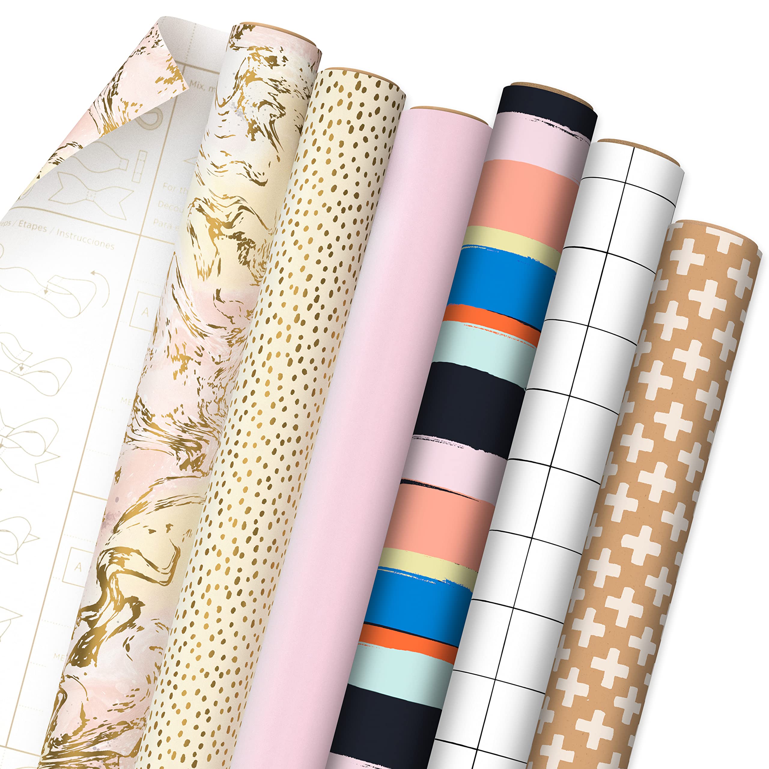 Hallmark Wrapping Paper with Cutlines on Reverse (6 Rolls: 135 Square Feet Total) Pink, Gold, Stripes, Kraft Brown, Black and White Plaid for Birthdays, Baby Showers, Bridal Showers, Mother's Day