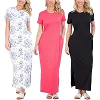 3-Pack: Women’s Casual Short Sleeve Maxi T-Shirt Dress – Summer Dress with Slit & Pockets (Available in Plus Size)
