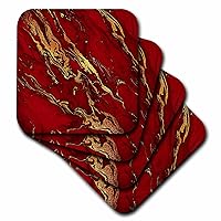 3dRose Luxury Red Gold Gem Stone Marble Glitter Metallic Faux Print Ceramic Tile Coasters (Set of 4)