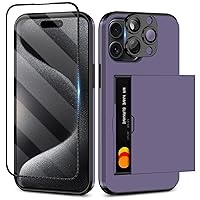 SAMONPOW for iPhone 15 Pro Case with Screen Protector & Camera Cover 4-in-1 Full Body Hybrid iPhone 15 Pro Case Wallet Card Holder Shockproof Protective Phone Case for iPhone 15 Pro 6.1 inch - Purple