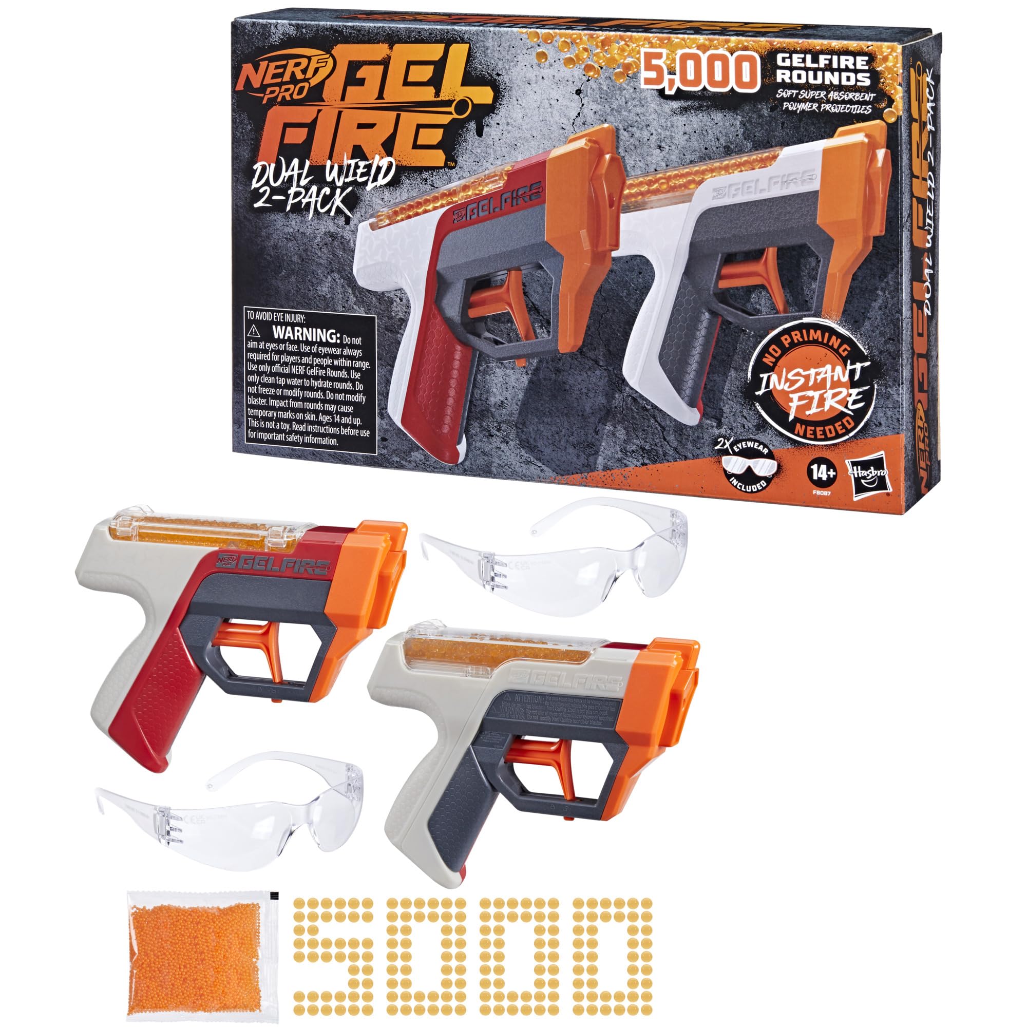 NERF Pro Gelfire Dual Wield Pack, 2 Blasters, No-Prime Firing, 5000 Gelfire Rounds, 2X 100 Round Integrated Hoppers, 2 Eyewear, Ages 14 & Up