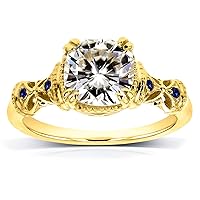 Kobelli Antique Style Cushion-cut Moissanite (GH) Engagement Ring with Blue Sapphire 1-3/4ct TGW 14k Yellow Gold