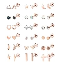 18 Pairs Stainless Steel Stud Earrings Set for Women Men Star Moon flower Heart Leaf Opal 20G Cartilage Earrings Hypoallergenic Flatback Earrings Piercing Jewelry