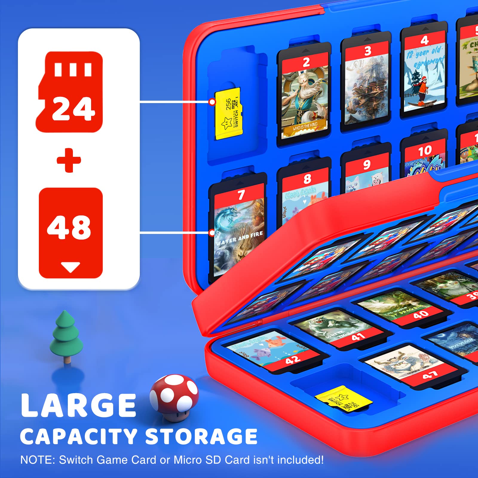 CYKOARMOR Switch Game Case for Nintendo Switch/Switch OLED, Switch Game Holder with 48 Games Card Slot&24 Micro SD Cartridge Slots, Storage Accessories Hard Shell Portable Cartridge Box, Red Blue