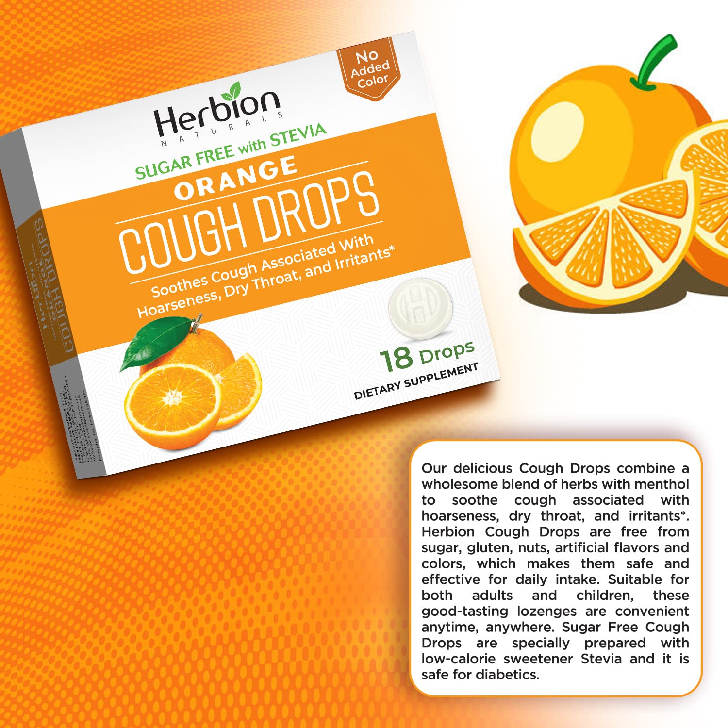 Herbion Naturals Sugar Free Cough Drops with Natural Orange Flavor, Natural Orange, (Pack of 3), 18 Count
