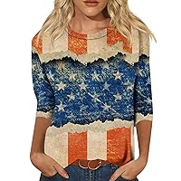 Womens Plus Size Summer Tops Crewneck 3/4 Length Sleeve Tunic Top Independence Day Shirts Casual Tee Trendy