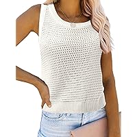 Womens Knit Sweater Vest Summer Tank Tops Round Neck Crochet Hollow Out Sleeveless Crop Top