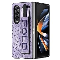 Designed for Samsung Galaxy Z Fold 4 Leather Case with S Pen Holder & Strap, Wrist Strap Leather Back Cover Case Hard PC Shockproof Finger Grip Case for Galaxy Z Fold 4 Men Women Girls, Purple