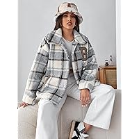 Jackets for Women Plaid Letter Patched Drop Shoulder Teddy Coat Jackets for Women (Color : Multicolor, Size : X-Small)