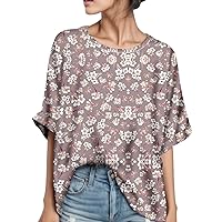 XJYIOEWT Top Spring Clothes for Women 2024 Ladies Casual Crew Neck Digital Print Fashion Seven Point Sleeve T Shirt Top