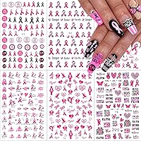 6 Sheets Breast Cancer Nail Art Stickers 3D Nail Decals Self-Adhesive Nail Art Supplies Pink Ribbon Heart Letter Design Nail Charms Breast Cancer Awareness Nail Decorations for Women DIY Manicure Tips